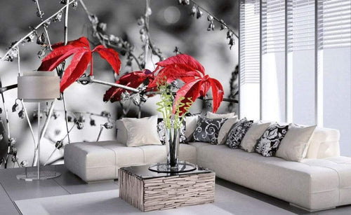 Dimex Red Leaves on Black Wall Mural 375x250cm 5 Panels Ambiance | Yourdecoration.co.uk