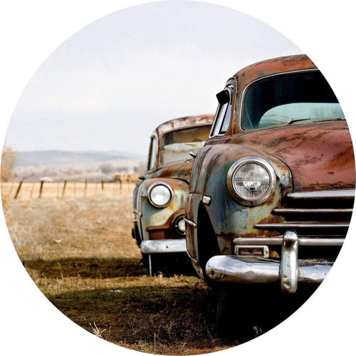 Wizard+Genius Old Rusted Cars Non Woven Wall Mural 140x140cm Round | Yourdecoration.co.uk